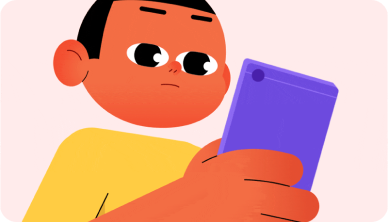 Ilustración animada de un personaje que usa una tableta. / Animated illustration of a character using a tablet.