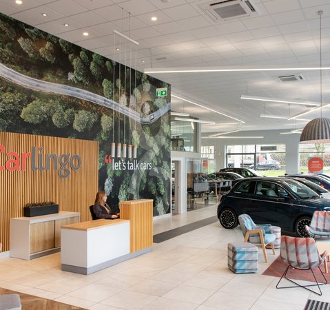 Interior del showroom de Carlingo con vehículos en exhibición / Inside Carlingo’s showroom, with vehicles on display