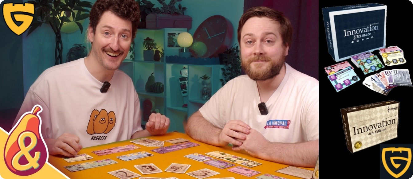 Dos personas presentan un juego de mesa en una mesa de juego / Two people demonstrate a board game at a gaming table