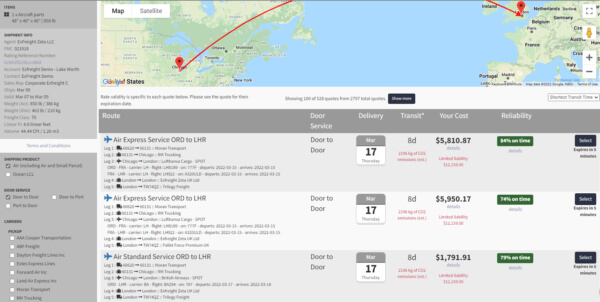 Panel de cotización de ExFreight con mapa de ruta y opciones de carga | ExFreight quote dashboard with a route map and freight options.