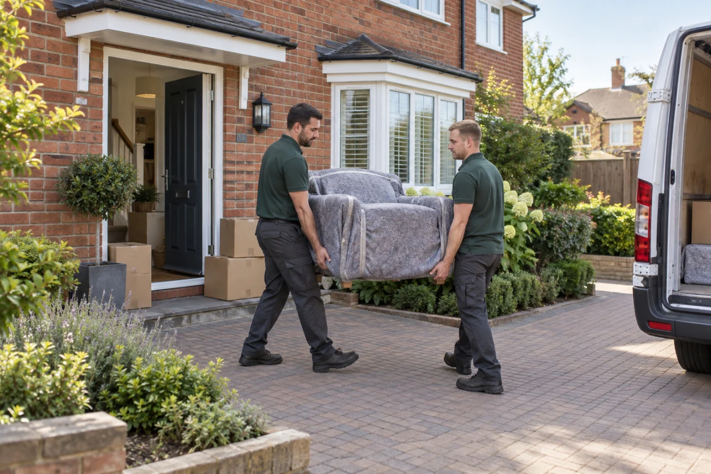Dos profesionales trasladan muebles desde una vivienda | Two movers carry furniture from a home.