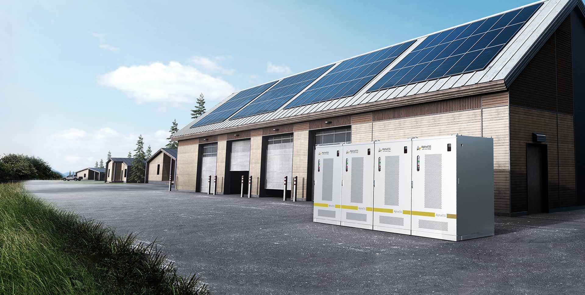 AlphaESS battery cabinets beside a building with solar panels