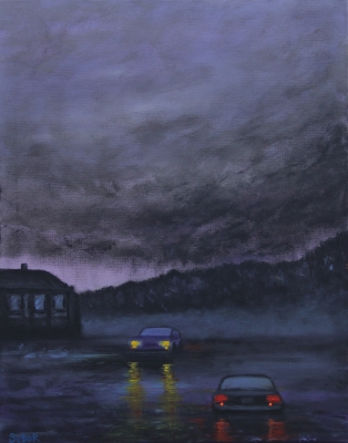 Original painting of cars in a rainy city scene listed by ArtGallery.co.uk