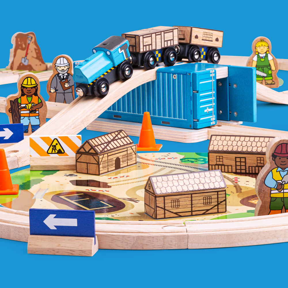 Wooden train set and play pieces from the Bigjigs Toys collection