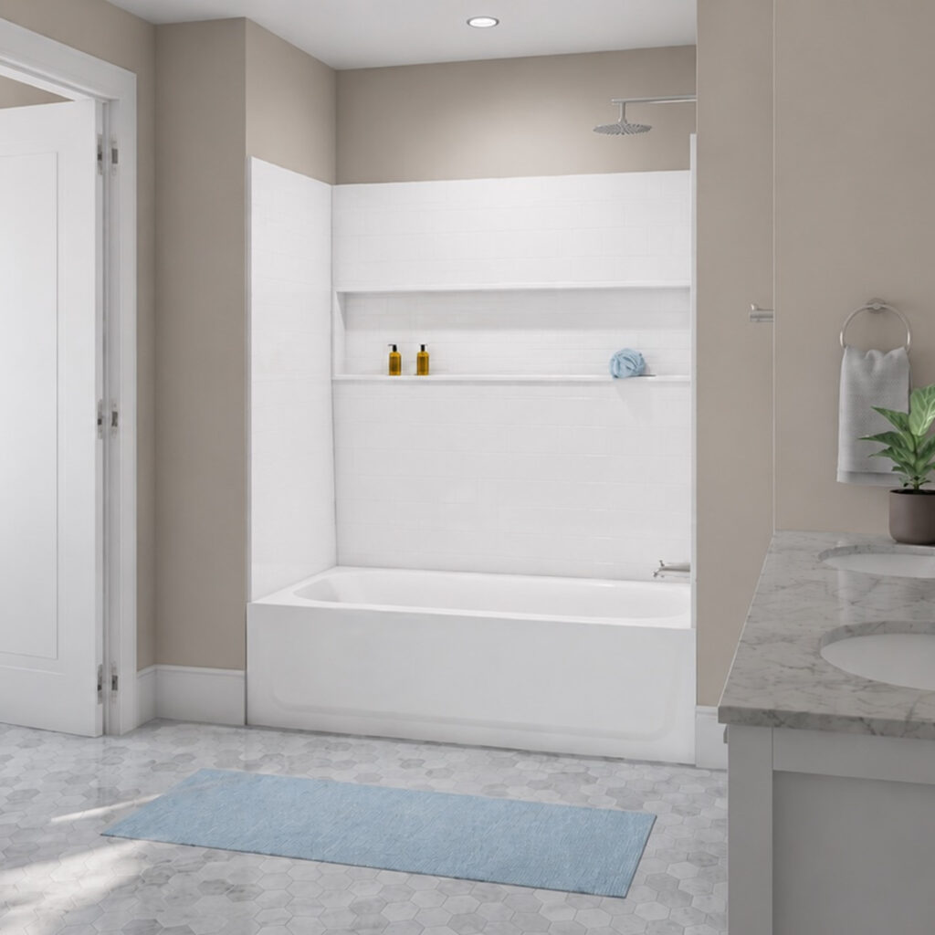White alcove bathtub in a finished bathroom