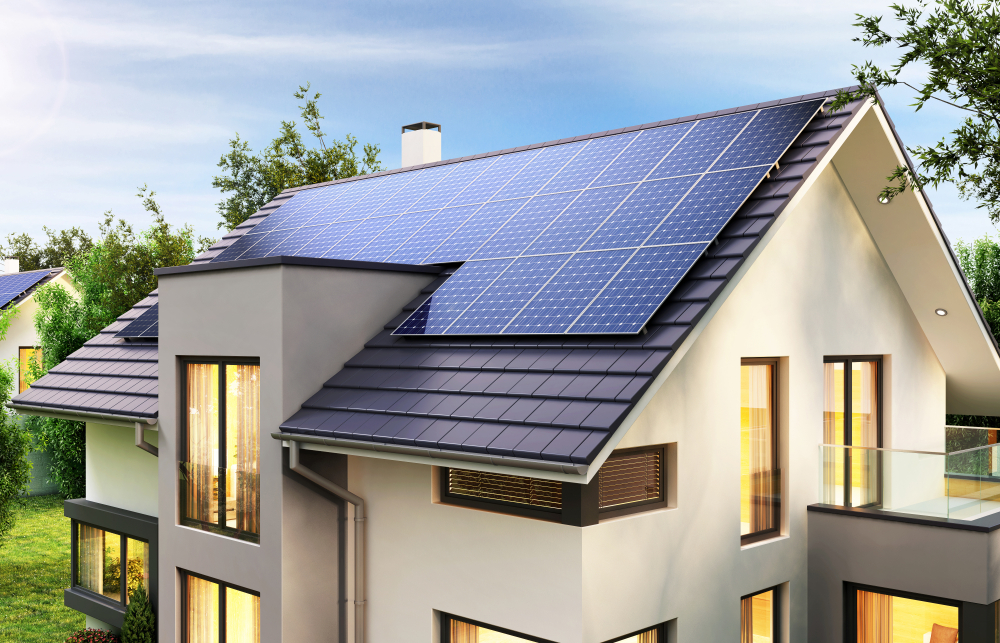 Home roof fitted with solar panels, an ElectroPoint service area