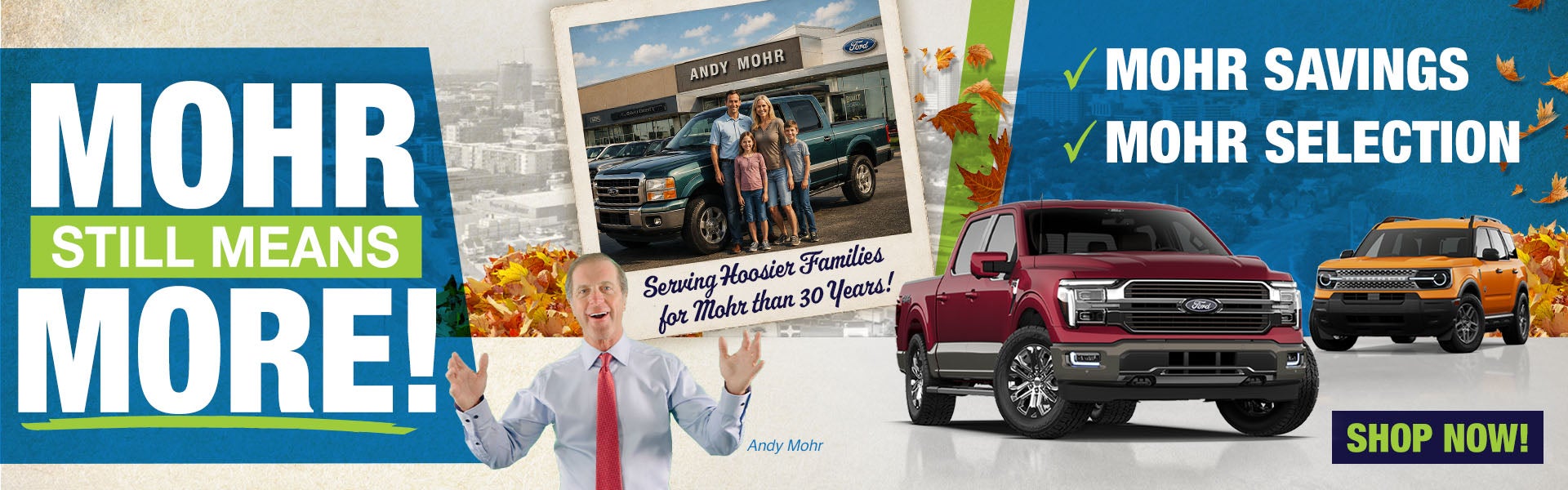 Andy Mohr Ford promotional banner featuring dealership staff and Ford vehicle models