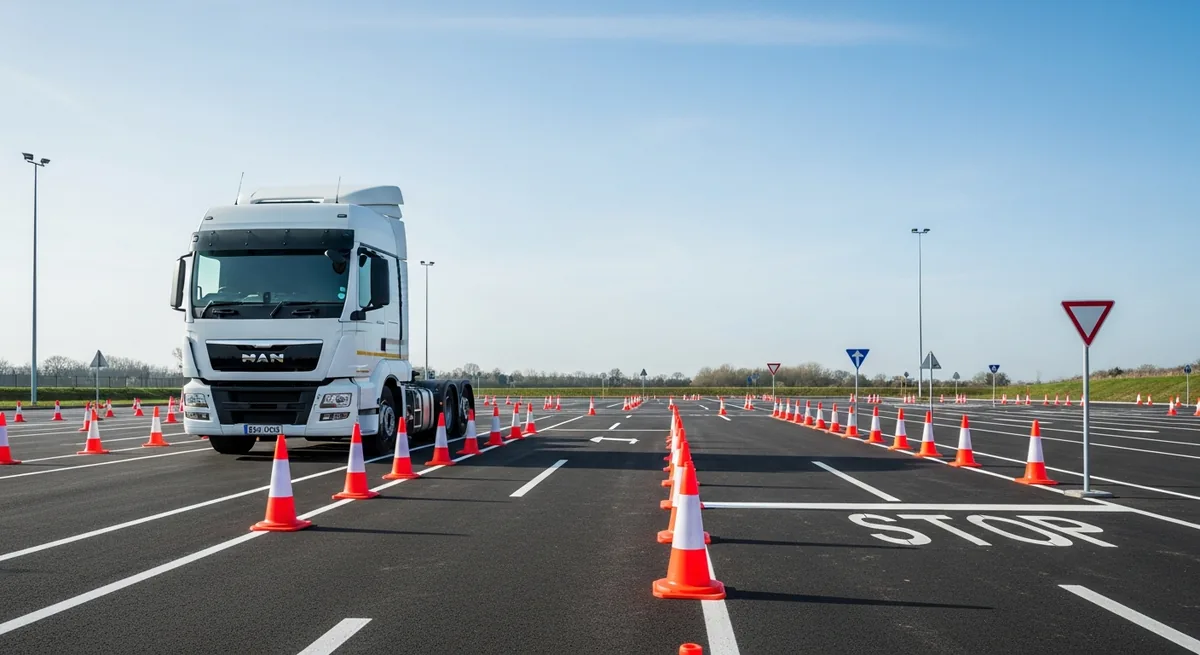 A heavy goods vehicle practising manoeuvres on a marked training course