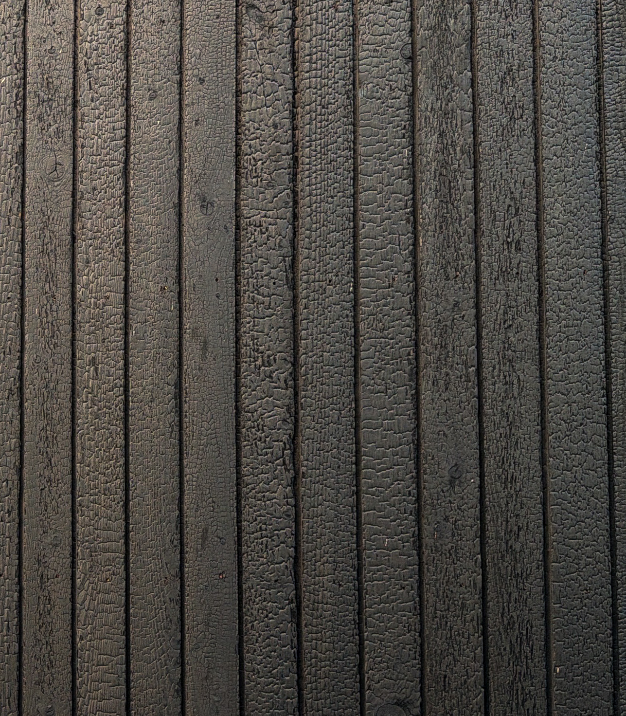 Close view of textured charred timber cladding boards