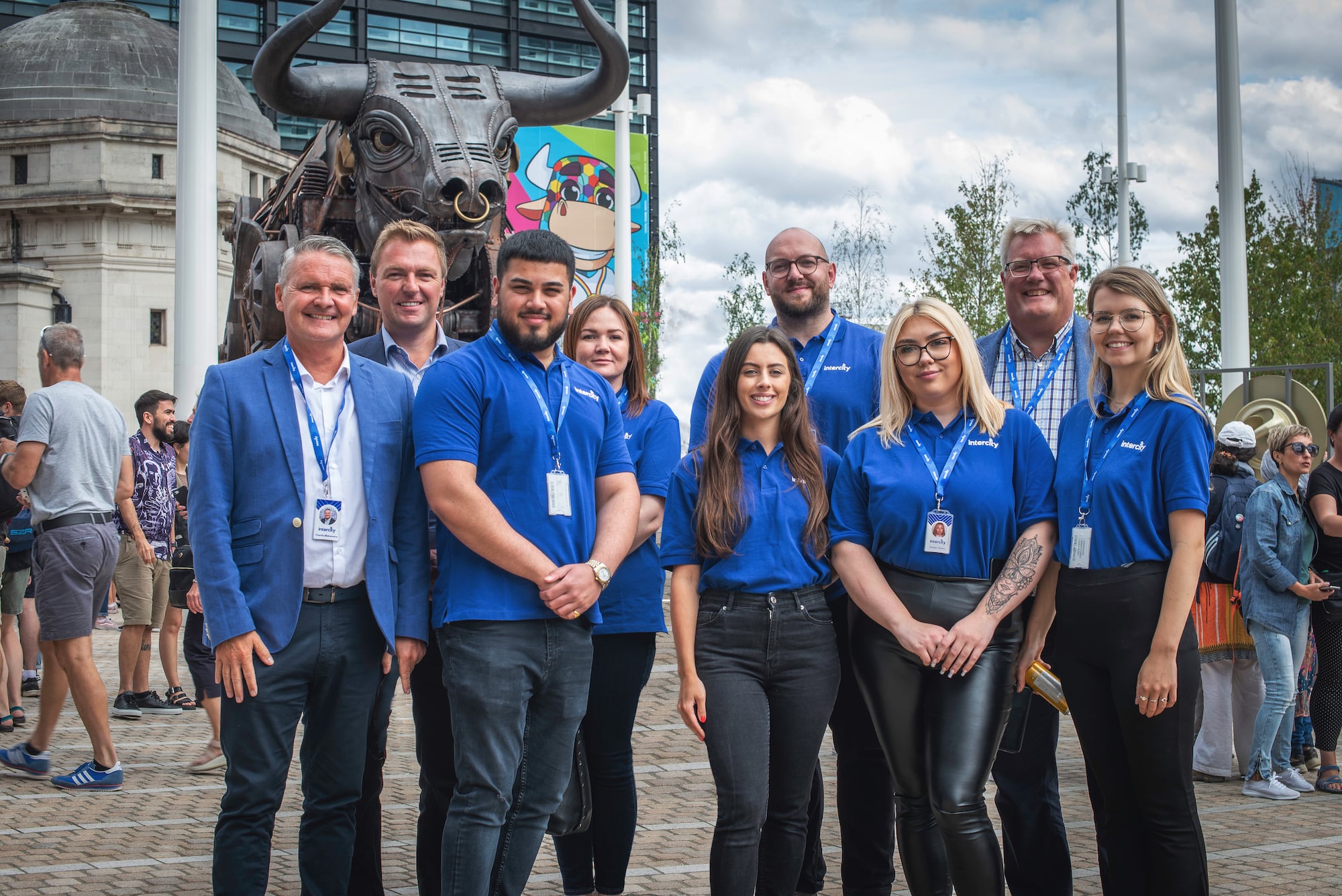 Intercity Technology team members wearing blue company clothing