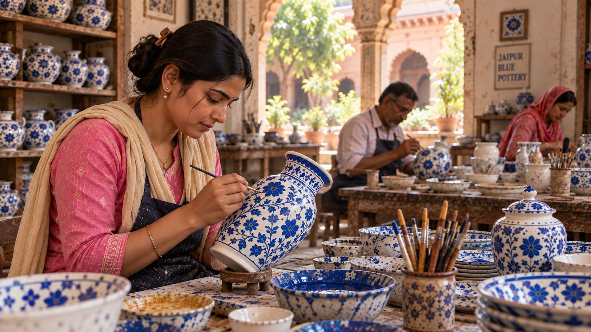 Artesana de Jaipur decorando cerámica azul tradicional