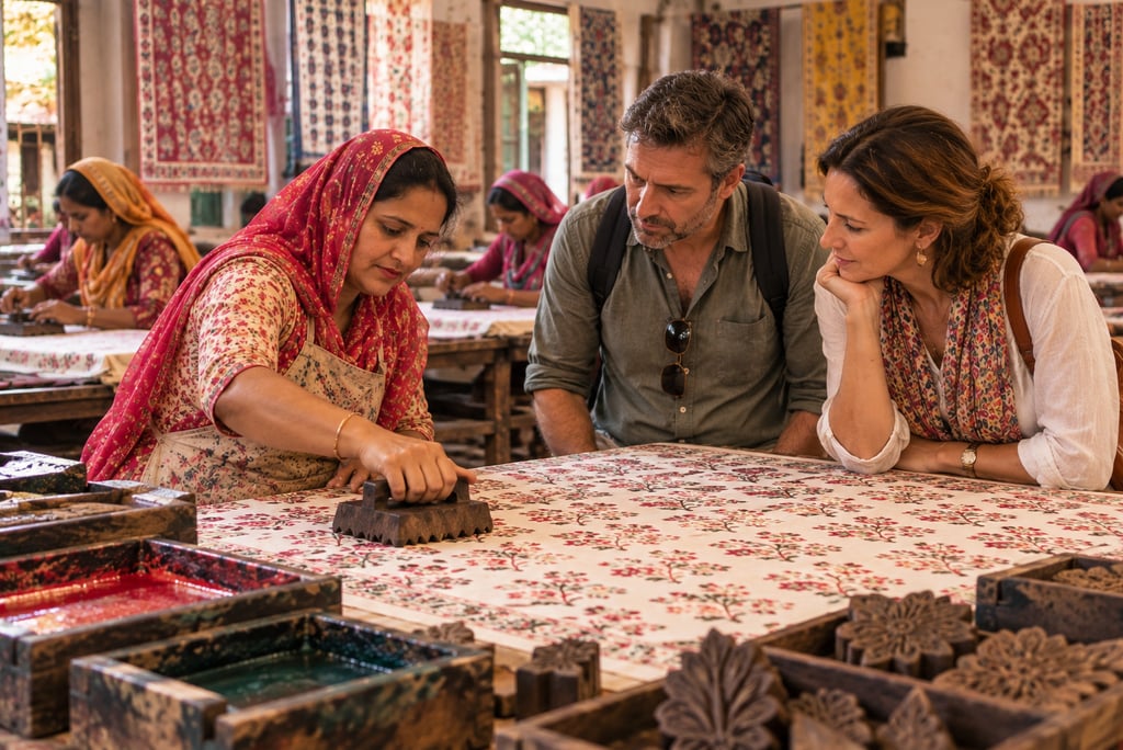 Artesano imprime a mano un diseño textil tradicional