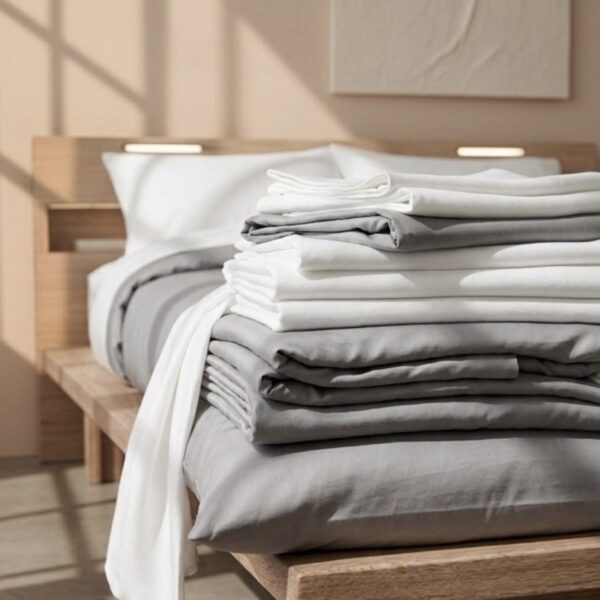Folded bamboo bed linen displayed by Kbamboo