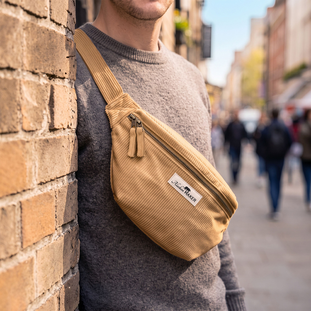 Sac banane en velours côtelé Alaskan Maker porté en bandoulière