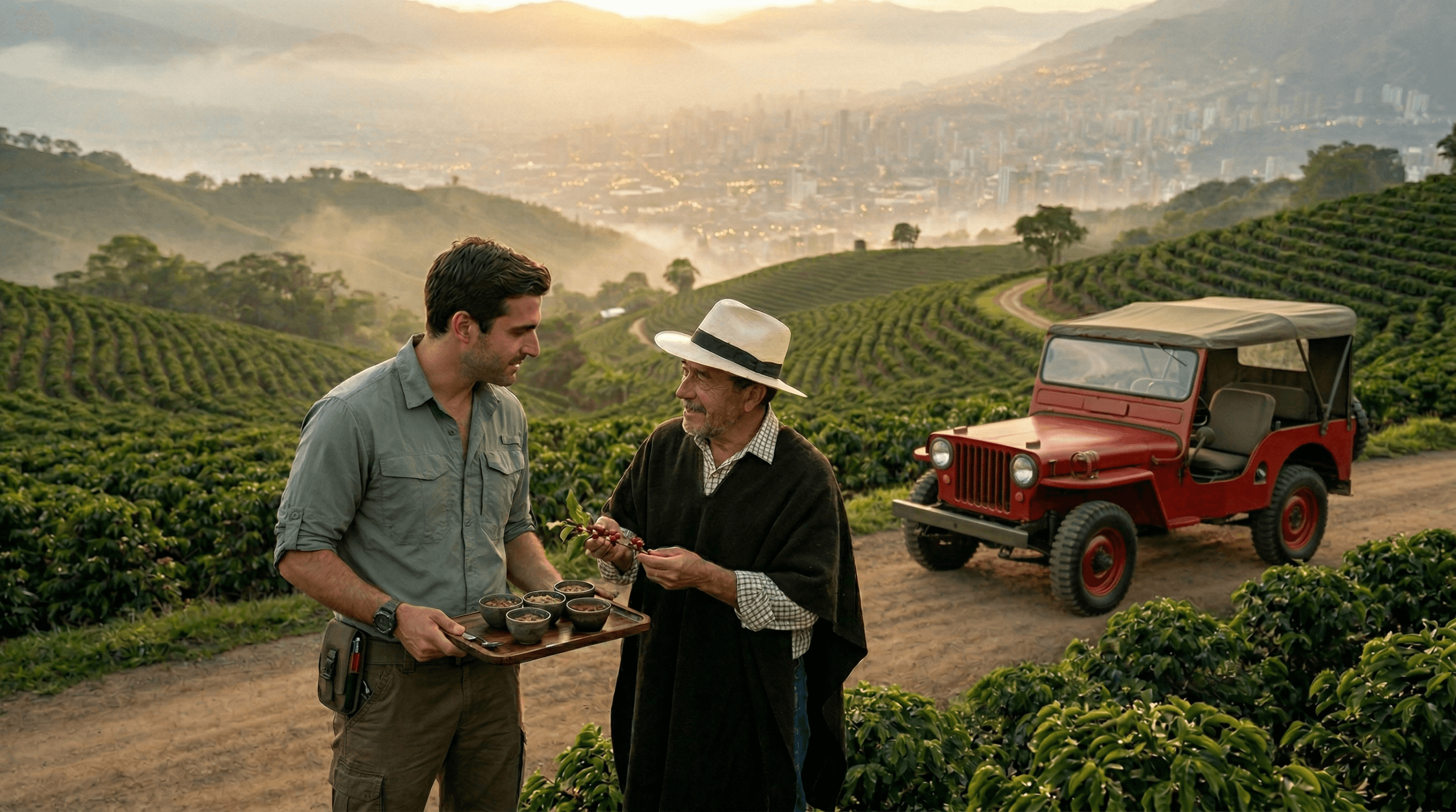 Visitantes conversan sobre café durante una experiencia rural organizada por Medellin VIP