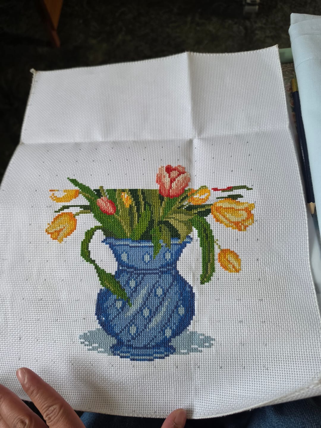 Floral cross-stitch project shown by Needlework Kits UK