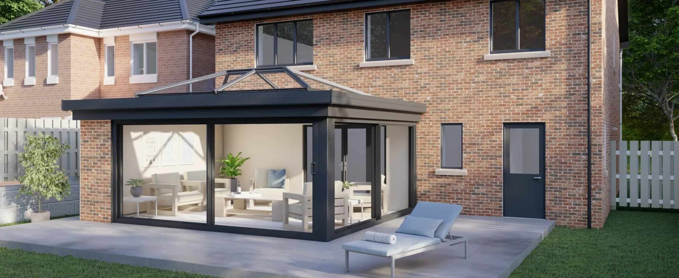 Visualización de una ampliación acristalada adosada a una vivienda de ladrillo. / Rendering of a glazed extension attached to a brick home.