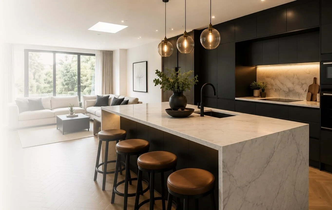 Renovated kitchen and living space presented by Pitch and Key