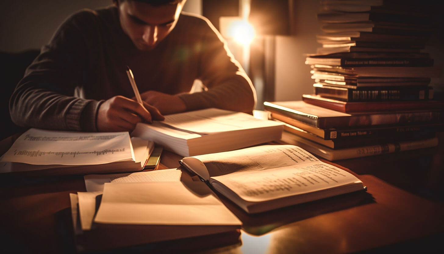 Person writing notes beside an open book