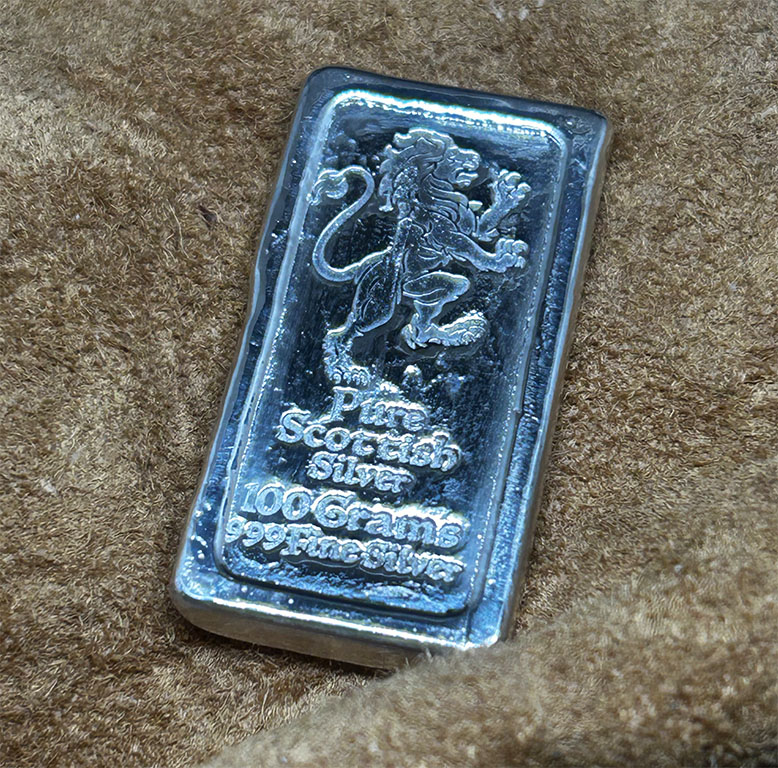 Hand-poured 100-gram silver bar from Pure Scottish Silver