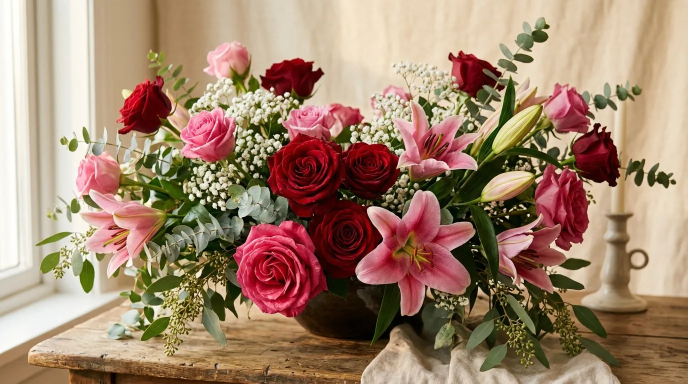 Bouquet of roses and lilies offered among the flower gifts