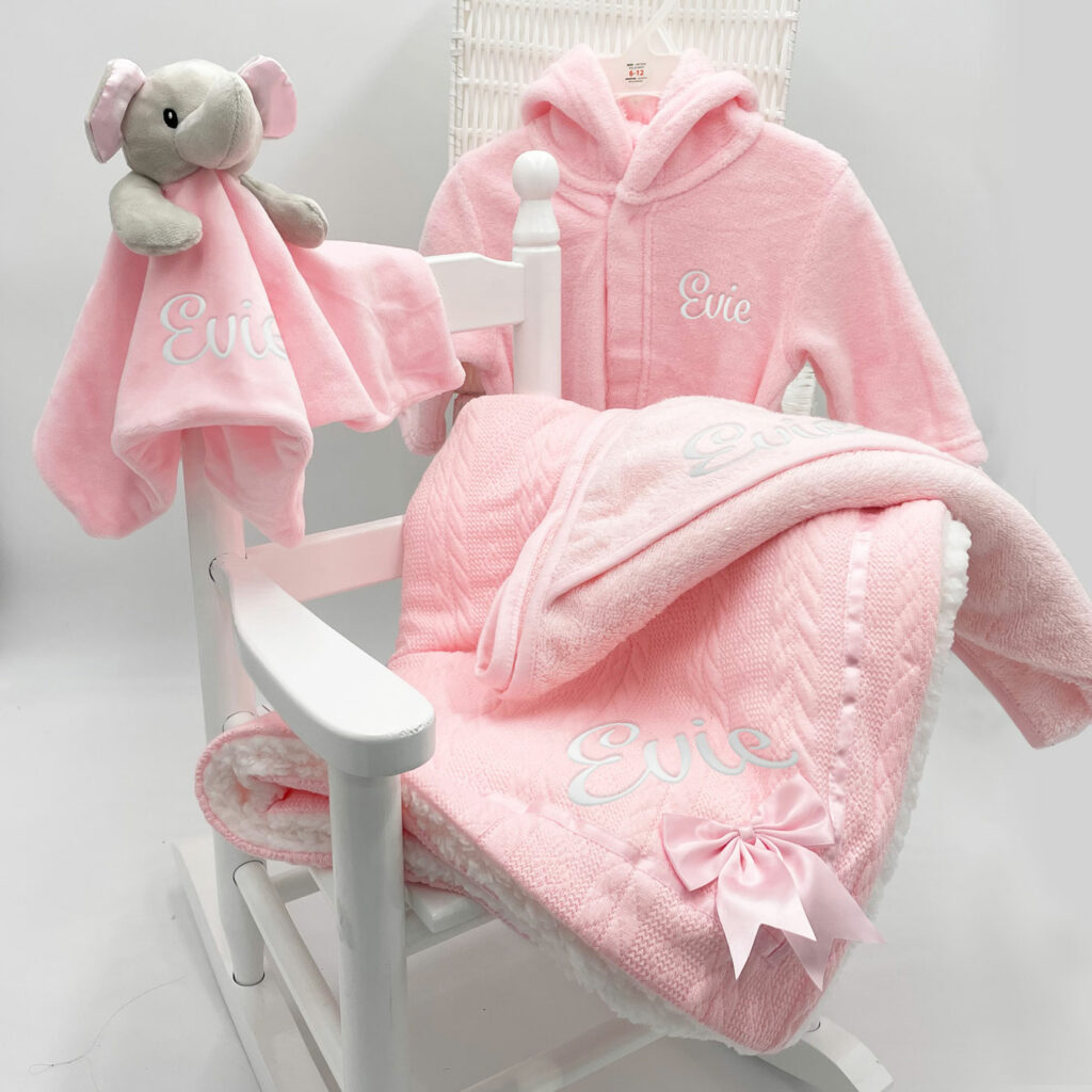 Pink personalised baby gift set with blanket and robe