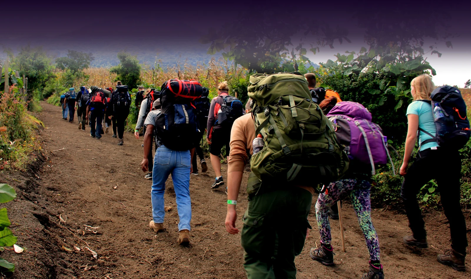 Excursionistas avanzan por la ruta de ascenso al volcán Acatenango