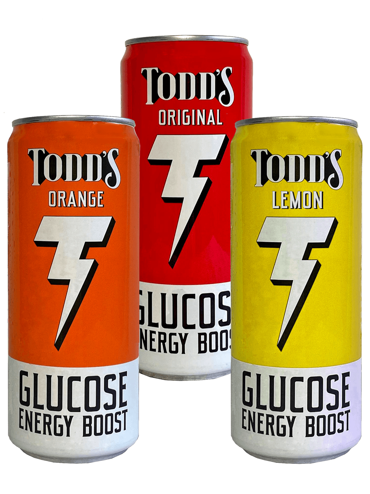 Todd's Original, Orange and Lemon glucose drink cans