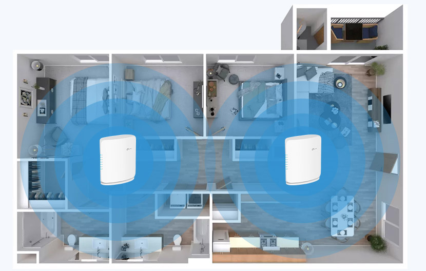 Illustration of two Wi-Fi routers providing wireless coverage across a multi-room home